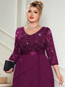 Plus V Neck Sequin Floral Lace Ruffle Trim Chiffon Hem Evening Party Maxi Dress, Elegant Prom Formal Wedding Guest Dress, New Year Dress, Winter Dress, For Graduation, Birthday, Homecoming - Maroon - View 10