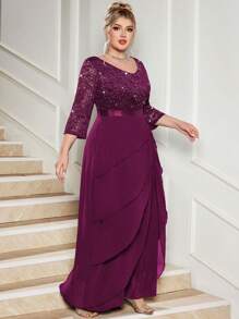 Plus V Neck Sequin Floral Lace Ruffle Trim Chiffon Hem Evening Party Maxi Dress, Elegant Prom Formal Wedding Guest Dress, New Year Dress, Winter Dress, For Graduation, Birthday, Homecoming - Maroon - View 9