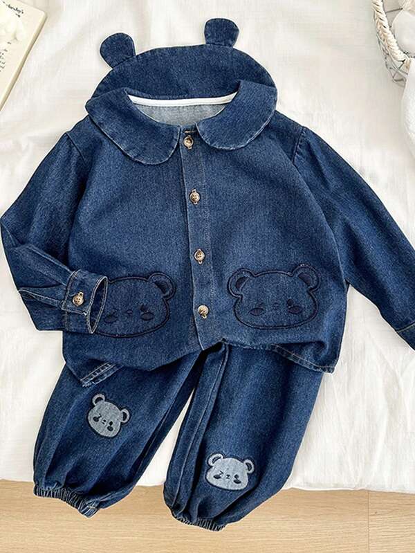 Top jeans para menina com bordado de orelha de urso 3D, primavera outono