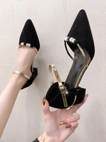 Bombas de Salto Alto com Decoração de Strass em Cor Sólida para Mulheres no Outono/Inverno, Sapatos de Vestir com Salto Médio Grosso e Bico Fino, Slip-On, Bomba de Trabalho com Tira Preta, Fivela, Plataforma Baixa e Sola Macia, Saltos para Festa e Casamento, Elegante