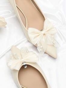 2pcs Luxury Satin & Mesh Faux Pearl Bow Detachable Shoe Clips, Suitable For High Heels, Sandals, Weddings, Graduations, Valentine's Day