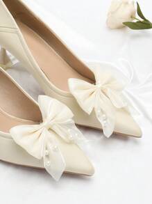 2pcs Luxury Satin & Mesh Faux Pearl Bow Detachable Shoe Clips, Suitable For High Heels, Sandals, Weddings, Graduations, Valentine's Day