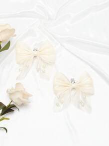 2pcs Luxury Satin & Mesh Faux Pearl Bow Detachable Shoe Clips, Suitable For High Heels, Sandals, Weddings, Graduations, Valentine's Day