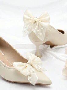 2pcs Luxury Satin & Mesh Faux Pearl Bow Detachable Shoe Clips, Suitable For High Heels, Sandals, Weddings, Graduations, Valentine's Day