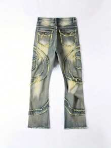 Men's Pocket Edge Distressed Stretch Skinny Flare Jeans, Emo Style - Yellow - View 7