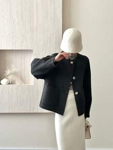 Warm For Spring, Women's Elegant Korean Style Small Fragrance Coat – Loose Fit, Single-Breasted, Round Neck, Double-Faced Wool. - Black - View 6