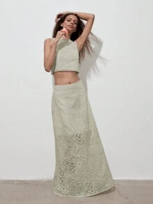 1 chiếc áo croptop không tay thêu hoa khoét rỗng kiểu vintage, họa tiết hoa ngẫu nhiên. - Lạc đà - Xem 7