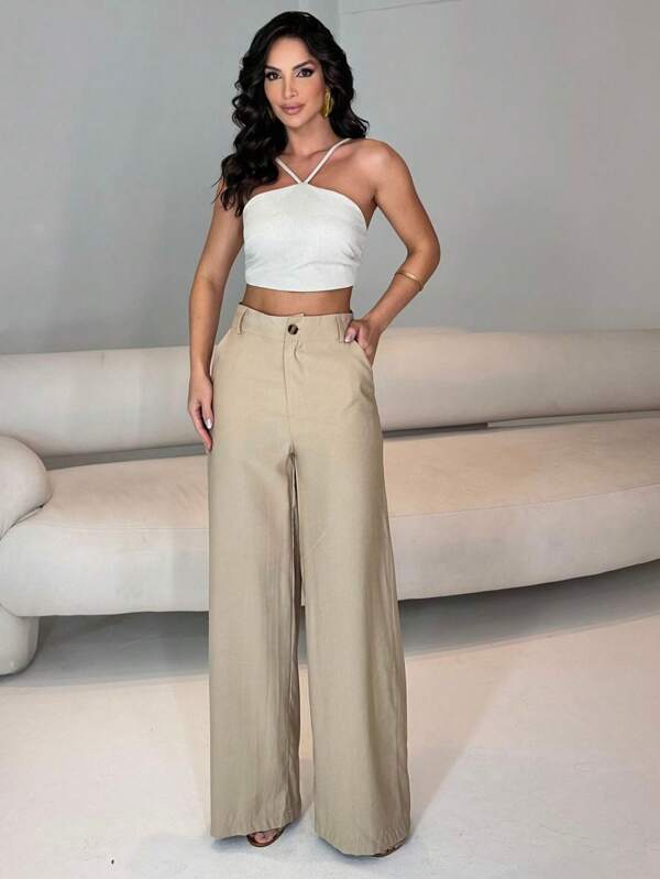 Calça feminina pantalona elegante com bolso