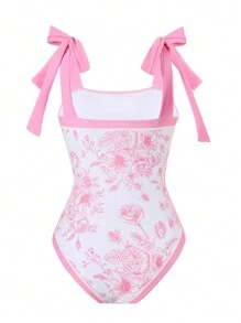 Traje de baño de una pieza con estampado floral de estilo europeo y estadounidense, con control de abdomen y falda de cobertura, para vacaciones, spa, natación, para vacaciones de verano