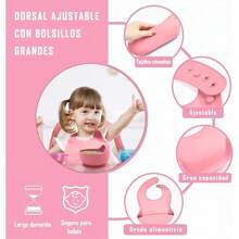 Platos Para Bebe Silicon, Juego de vajilla para bebé de 10 piezas, plato con ventosa, bowl, cubiertos, taza de silicona suave, baberos, cuchara y tenedor, Set de vajilla para madre e hijos, artículos de bebé - Rosa - Ver 3