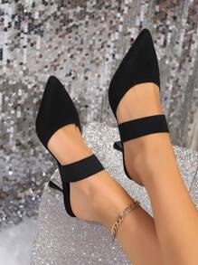 Women's Minimalist Stylish Black High Heels, Closed Toe Backless Design, Knitted Mules, Pointed Toe Stilettos, Kitten Heel Ladies High Heel Sandals, Suitable For Daily Commute, Work, And Parties