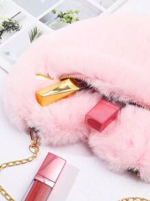 情人节特惠：心形毛绒单肩包，配链条斜挎包和可爱拉链钱包！心形链条新奇包，毛绒简约风，情人节必备，心形钱包，完美搭配情人节连衣裙，新款女士毛绒包，可爱爆表 - 淺粉色 - 查看 4