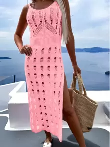 Solid Color Spaghetti Strap Dress, Elegant High Slit Knee Length Knit Dress, Spring/Summer Women Clothing