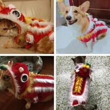 Festive Pet Dog Cat Lion Dance Costume, Funny Halloween Outfit, Lucky Red Cheongsam Dress
