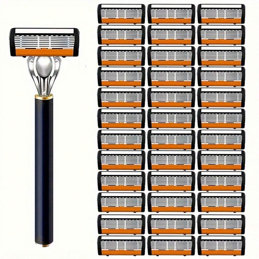 Men's 6-Blade Razor Set, 36 Stainless Steel Blades - Perfect For Beard & Mustache Trimming, Includes Replaceable Heads - Ideal Gift - Orange - View 1