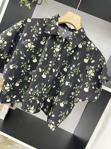 ELLIE Casual Striped Print Loose Cropped Shirt - 蒙特內哥羅 - 查看 2