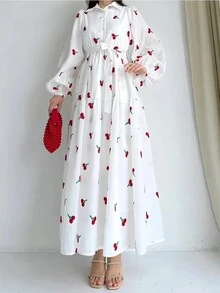 Đầm dài tay in họa tiết thanh lịch, thích hợp cho mùa xuân và mùa thu, dành cho nữ, chất liệu polyester, không co giãn, có thể giặt máy, phù hợp cho mọi mùa, phong cách thường ngày. - trắng - Xem 5