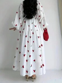 Đầm dài tay in họa tiết thanh lịch, thích hợp cho mùa xuân và mùa thu, dành cho nữ, chất liệu polyester, không co giãn, có thể giặt máy, phù hợp cho mọi mùa, phong cách thường ngày. - trắng - Xem 2