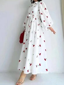 Đầm dài tay in họa tiết thanh lịch, thích hợp cho mùa xuân và mùa thu, dành cho nữ, chất liệu polyester, không co giãn, có thể giặt máy, phù hợp cho mọi mùa, phong cách thường ngày. - trắng - Xem 3
