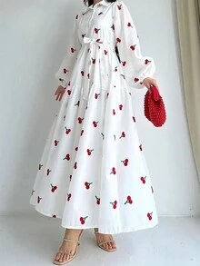 Đầm dài tay in họa tiết thanh lịch, thích hợp cho mùa xuân và mùa thu, dành cho nữ, chất liệu polyester, không co giãn, có thể giặt máy, phù hợp cho mọi mùa, phong cách thường ngày. - trắng - Xem 6