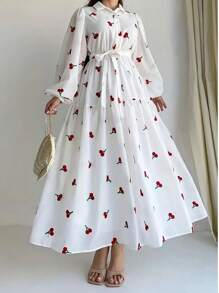 Đầm dài tay in họa tiết thanh lịch, thích hợp cho mùa xuân và mùa thu, dành cho nữ, chất liệu polyester, không co giãn, có thể giặt máy, phù hợp cho mọi mùa, phong cách thường ngày. - trắng - Xem 4