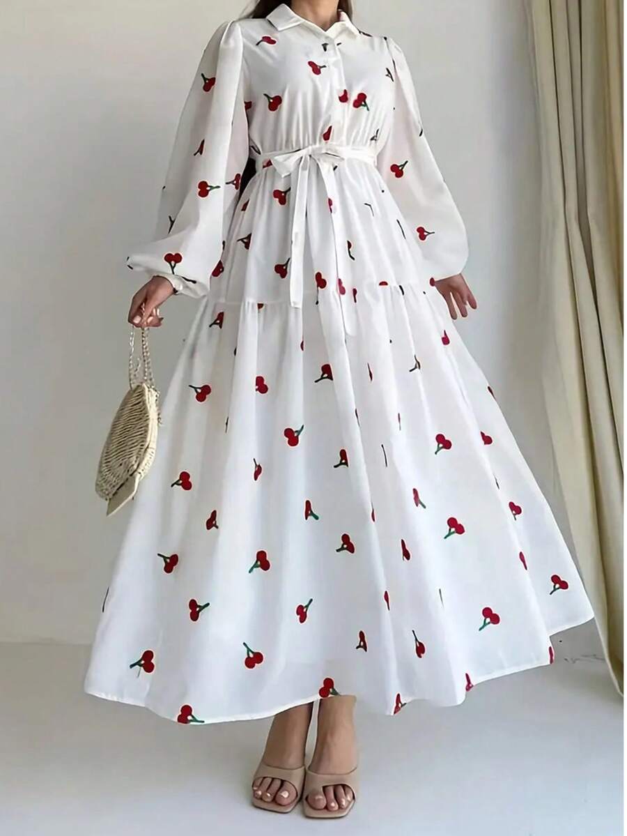 Elegant Printed Long Sleeve Dress, Suitable For Spring And Autumn, Women, Polyester Material, Non-Stretchable, Machine Washable, Suitable For All Seasons Casual White - White - View 1