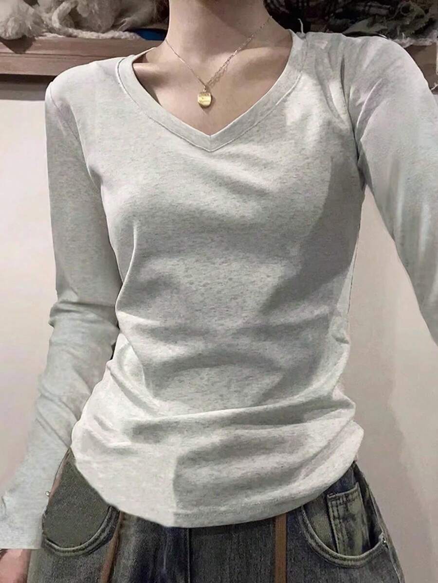 修身美式女式T恤,时尚设计,适合秋冬季休闲穿着 - 淺灰色 - 查看 1