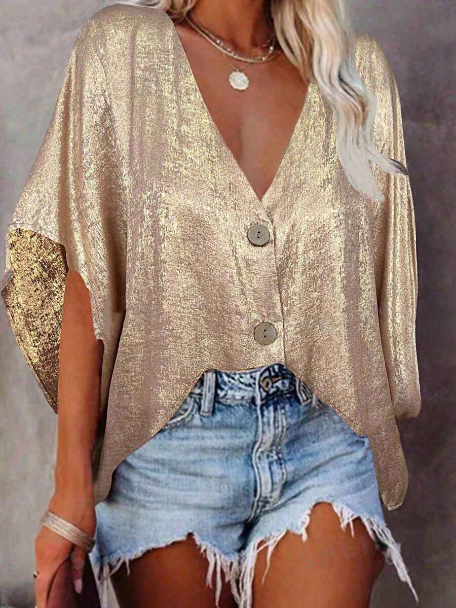 Plus Size Women Loose Dropped Shoulder Single Breasted Shirt Blouse With Stamping Print