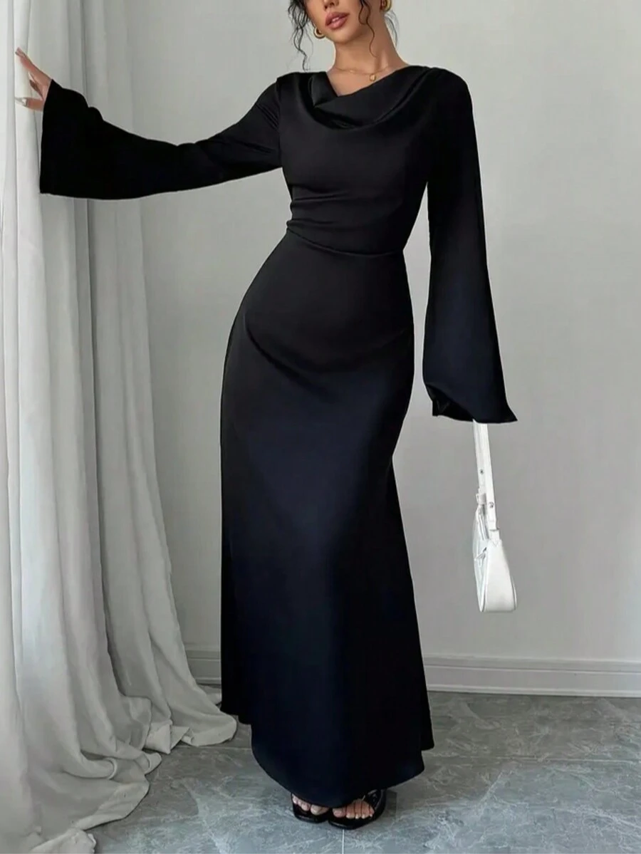 Women's Elegant Solid Color Draped Collar Flared Sleeve Arabic Style Dress - Black - View 1