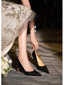 New Sequined Pointed High Heels, Elegant And Versatile Sheepskin Pad Banquet Bridal Shoes