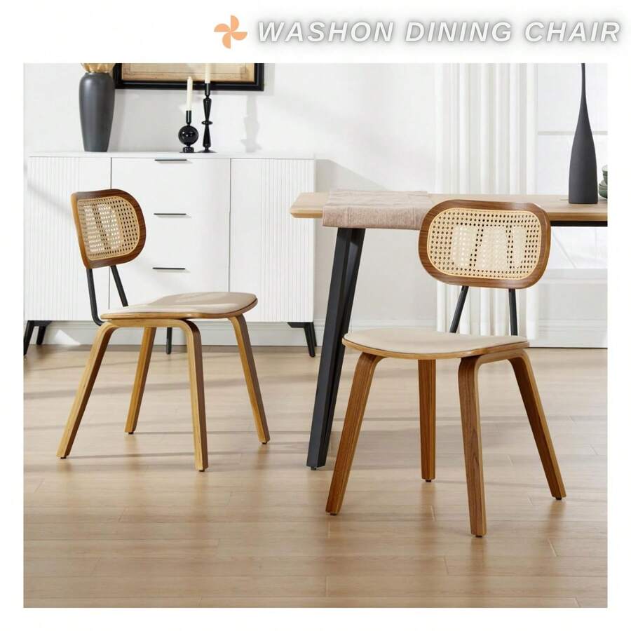 2PCS Faux Leather Armless Dining Chair With Rattan Backrest (Beige) - Beige - View 1