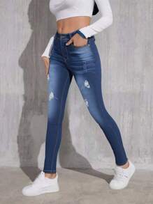 High Waisted Skinny Denim Pants With Pockets -ZANA - Blue - View 3