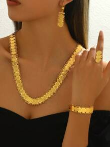 18 Karat vergoldetes Set aus 5 Stück modischem, vielseitigem Halskette, Ohrringen, Armband, Ring und langem Münzenschmuck für Frauen
