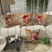 4 件春季奢华花卉和树叶图案枕套套装，红色、金色和银色，18x18 英寸，带拉链开合，易于护理，非常适合客厅和卧室装饰（不含枕芯） - 彩色 - 查看 11