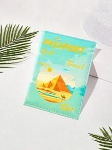 1pc Fashionable Cartoon Landscape Print Passport Cover, PU Leather Sunset Beach Scenery Print Pattern Card Holder Case, Minimalist & Portable Couples Passport Wallet, Travel Essential