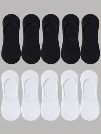 9/10 par unisex enkla svarta och vita moderiktiga casual silikon halkfria osynliga båtstrumpor, bekväma mjuka andningsbara fukttransporterande, lämpliga för dagligt bruk, fritid, sport, vår/sommar/höst