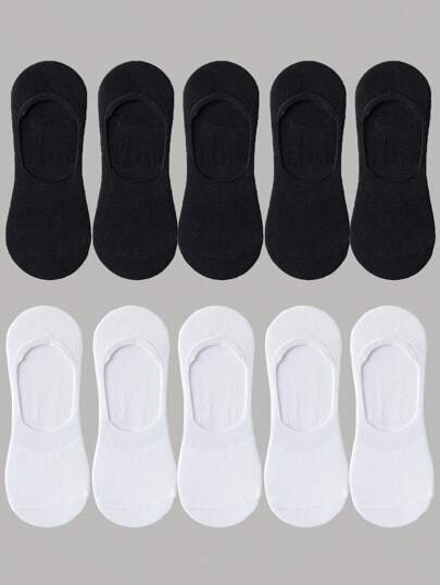 9/10 Pairs Unisex Simple Black & White Fashion Casual Silicone Non-Slip Invisible Boat Socks, Comfortable Soft Breathable Moisture Wicking, Suitable For Daily, Leisure, Sports Use, Spring/Summer/Autumn