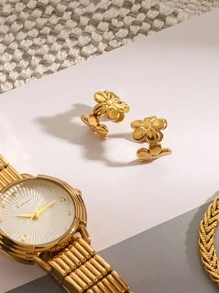 Uworld 1Pair Of Exquisite And Fashionable Ladies C Shape Flower Design Stainless Steel Ear Clips 18K Gold Plated Waterproof High Quality Ladies Jewelry Suitable For Daily Wear Vacation Seaside Etc - Ear Clip - View 5