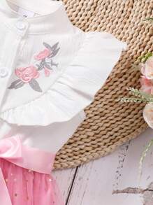少女无袖翻领刺绣网眼A字裙，配腰带 - 粉色 - 查看 5