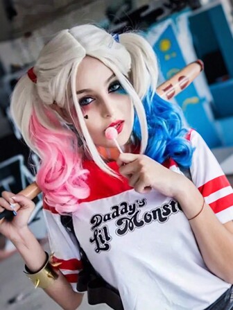 化纤长款大波浪中分刘海头套 机制头套 双色粉蓝头套 角色扮演装扮假发 小丑女友假发头套 圣诞礼物