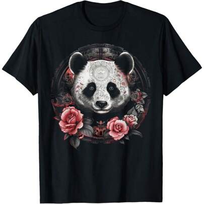 Panda Art Flowers Roses Animal Artwork Panda Cozy Cotton Unisex Black T-Shirt Short Sleeve Top Women T-Shirt