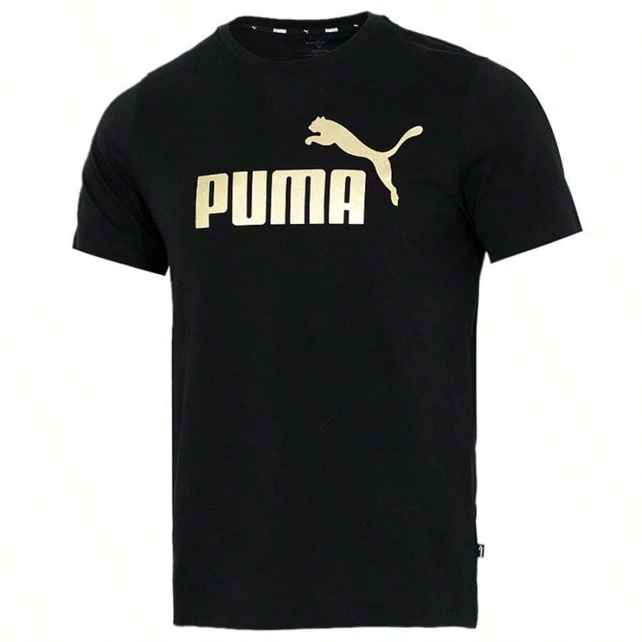 Puma ESS+ 徽标印花 T 恤，男士大徽标运动服，舒适休闲圆领短袖 T 恤，845573-01 - 黑色 - 查看 1