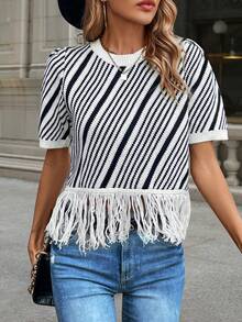 Knit Mix 女士休闲/通勤圆领条纹流苏短袖针织宽松T恤上衣（花卉印花随机）