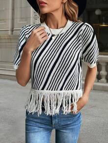 Knit Mix 女士休闲/通勤圆领条纹流苏短袖针织宽松T恤上衣（花卉印花随机）