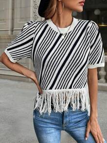 Knit Mix 女士休闲/通勤圆领条纹流苏短袖针织宽松T恤上衣（花卉印花随机）