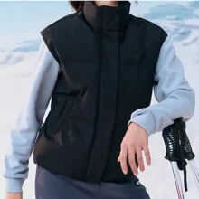Skechers Down & Feathers Vest, Lightweight & Warm, Water-Resistant, Stand Collar, Sports Woven Padded Gilet Jacket