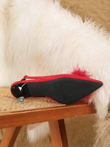 Women's Popular Red High Heels For Work, New Autumn/Winter Design Pointed-Toe Thin Heels, Velvet With Faux Fur Lining Inside, Closed Toe, Comfortable Slip-On