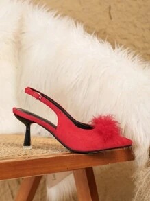 Women's Popular Red High Heels For Work, New Autumn/Winter Design Pointed-Toe Thin Heels, Velvet With Faux Fur Lining Inside, Closed Toe, Comfortable Slip-On