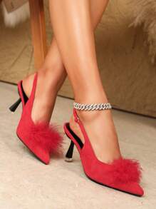 Women's Popular Red High Heels For Work, New Autumn/Winter Design Pointed-Toe Thin Heels, Velvet With Faux Fur Lining Inside, Closed Toe, Comfortable Slip-On