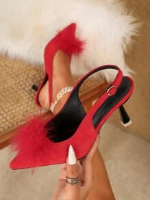 Women's Popular Red High Heels For Work, New Autumn/Winter Design Pointed-Toe Thin Heels, Velvet With Faux Fur Lining Inside, Closed Toe, Comfortable Slip-On